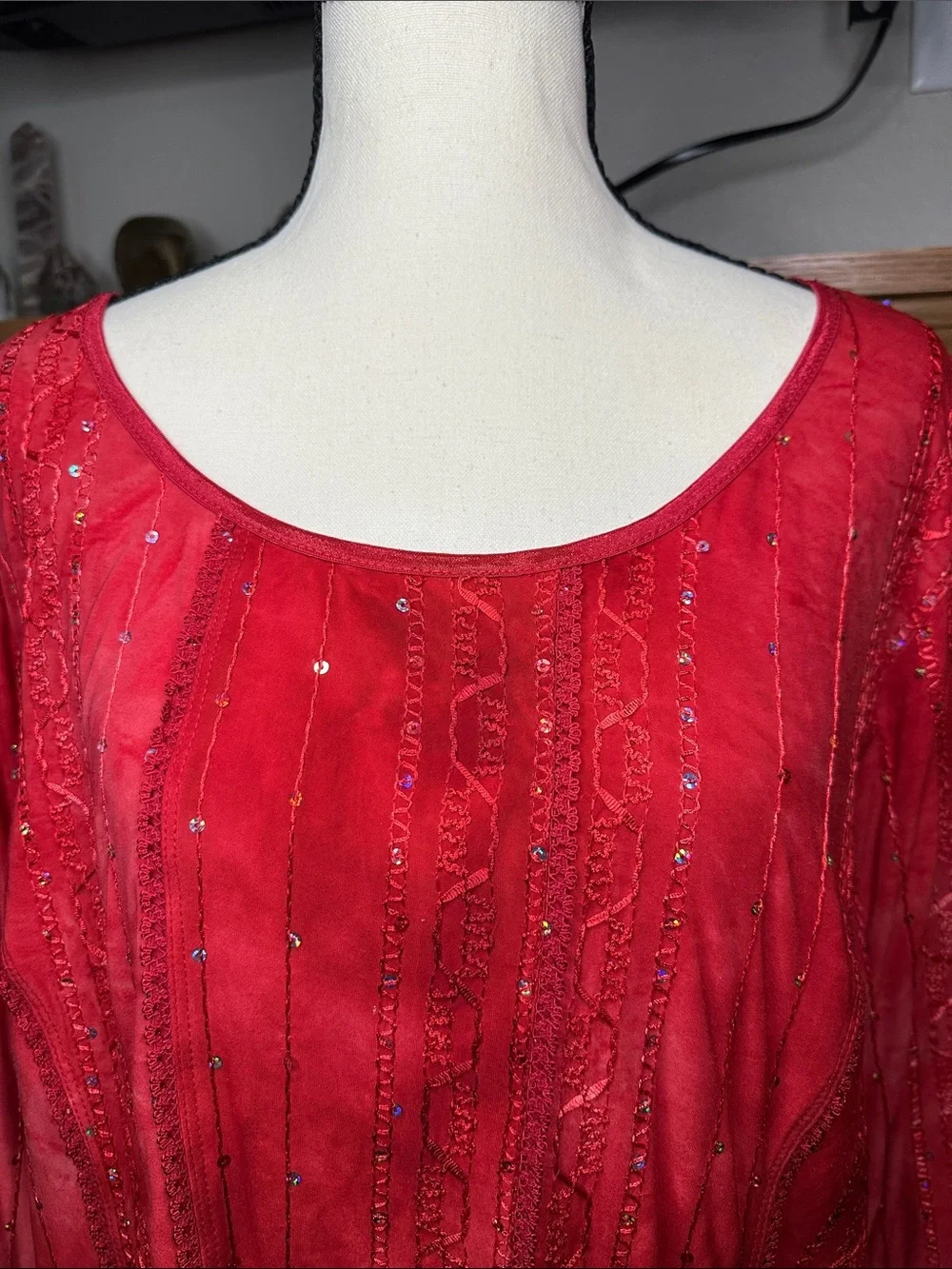Boho Y2K Red Embellished Top Sequin Embroidery Tie Dye Pattern Dressbarn 1X